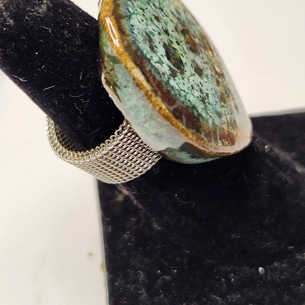 Turquoise Ceramic Gem Statement Ring On Mesh Silv… - image 3